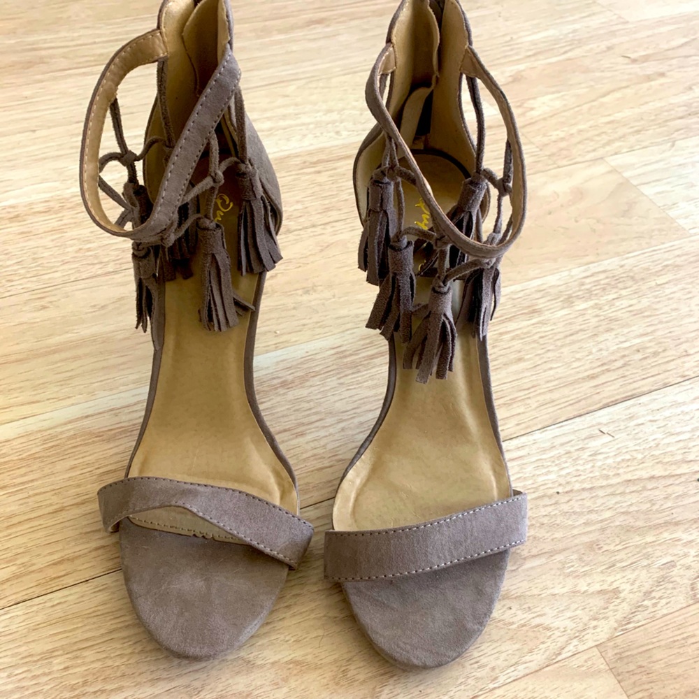 Taupe Ankle Tassle One Strap Heel